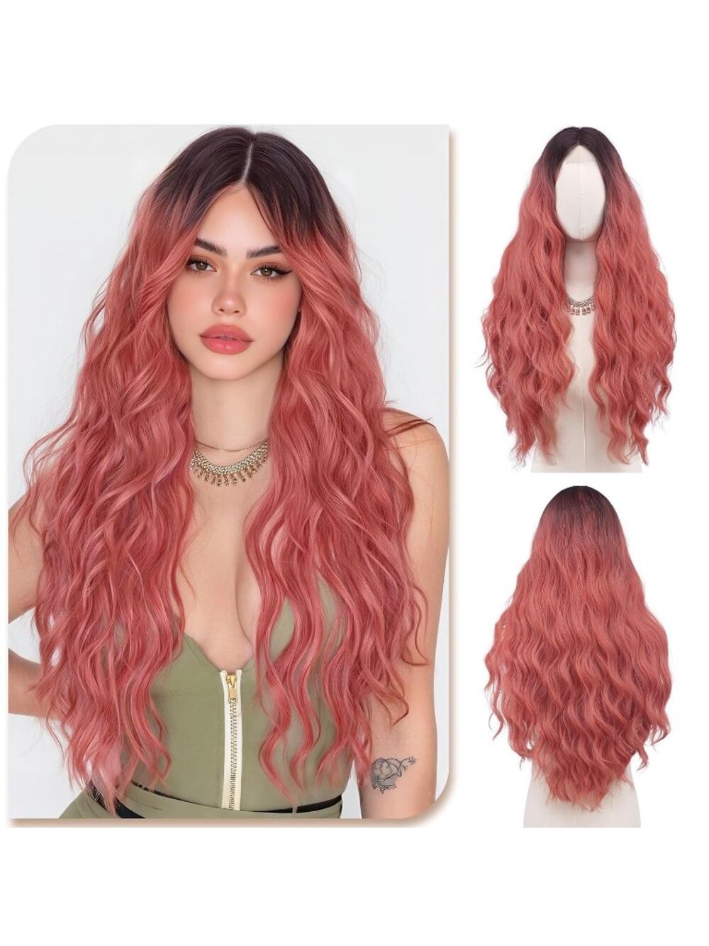 Women's Black Omber Pink Long Wavy Wig for 28 Inch Middle Part Heat Resistant